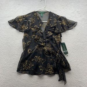 Lauren Ralph Lauren Blouse Womens 4P Petite Sheer Ruffled‎ Layered Bow Tie Sexy